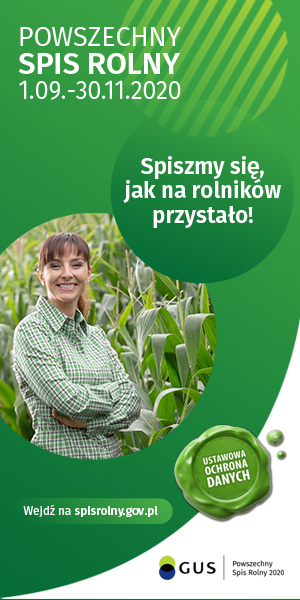 Plakat spisu rolnego - na zielonym tel napis Powszechny Spis Rolny 1.09-20.11.2020, spiszmy się jak n rolników przystało, zdjęcie kobiety na tle pola kukurydzy